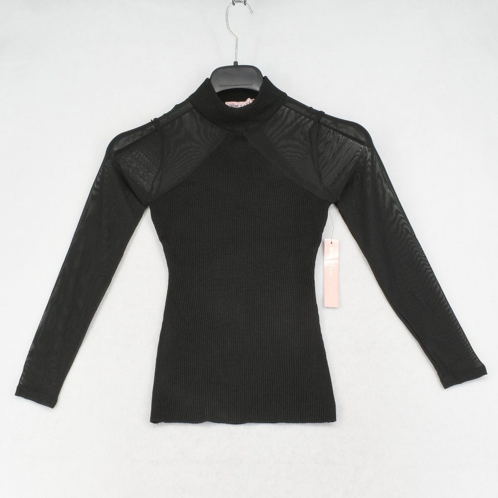 Almost Famous Junior's Top Mock Neck Long Mesh Sleeve Stretch Ribbed Knit Black